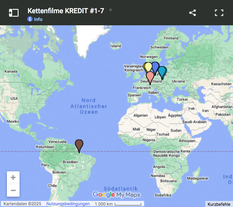 Google Maps Karte der verschiedenen Entstehungsorte aller sieben Kettenfilme und ihrer jeweiligen Zirkulationsfelder.